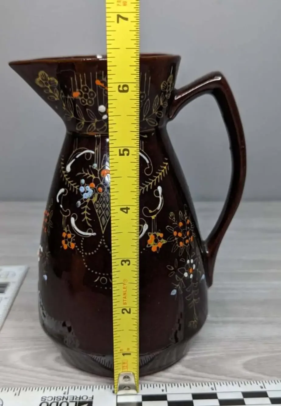 Vintage Moriage Red Wear Hand Painted Brown Glazed Decorative Pitcher 6.5